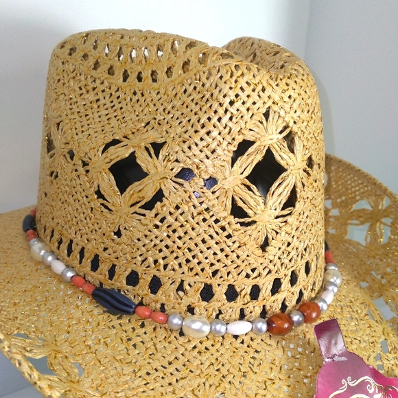 ANPA LIVING THE STYLE Gold Flake Bohemian Bead Band Cowgirl Hat 100% Handmade - Picture 8 of 10